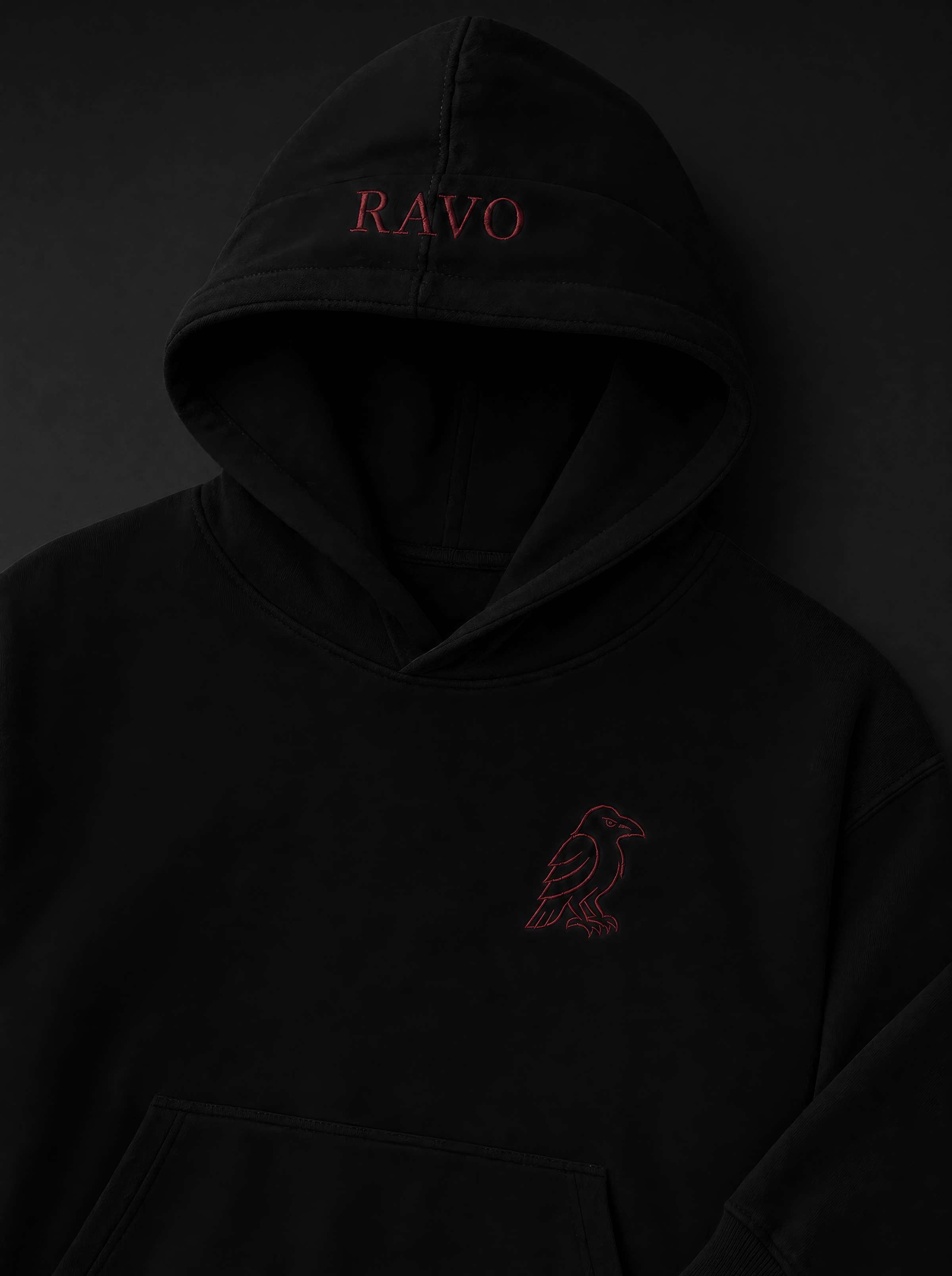 RAVO Embroidered Raven Hoodie — hood and chest detail